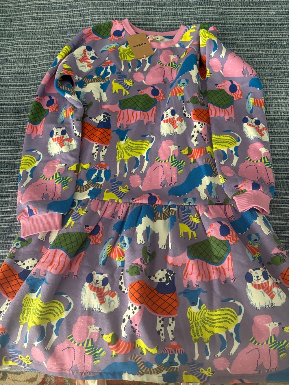 Mini Boden Lavender Dress with Pink, Blue, Yellow and Green Animal Print